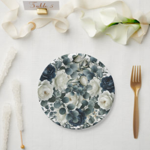 Dunkelblau- und weiße moderne Floral-Grün-Hochzeit Pappteller