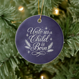 Dunkelblau Uns ist ein Kind geboren Silberschrift Keramik Ornament