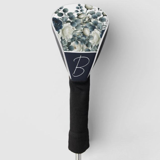 Dunkelblau & weiß Moderne Blumengrün Golf Headcover (Vorderseite)