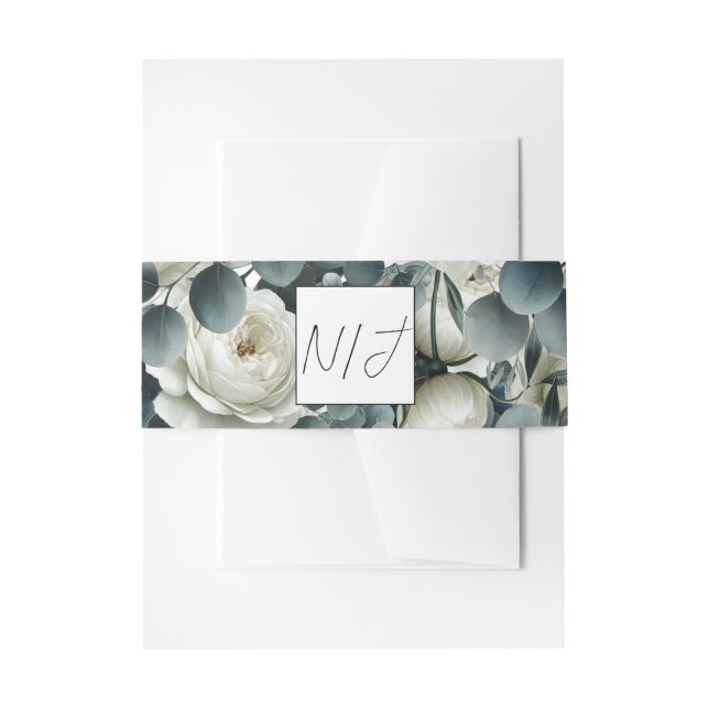 Dunkelblau & weiß Moderne Blumengrün Hochzeit Einladungsbanderole (Vorderseite Beispiel)