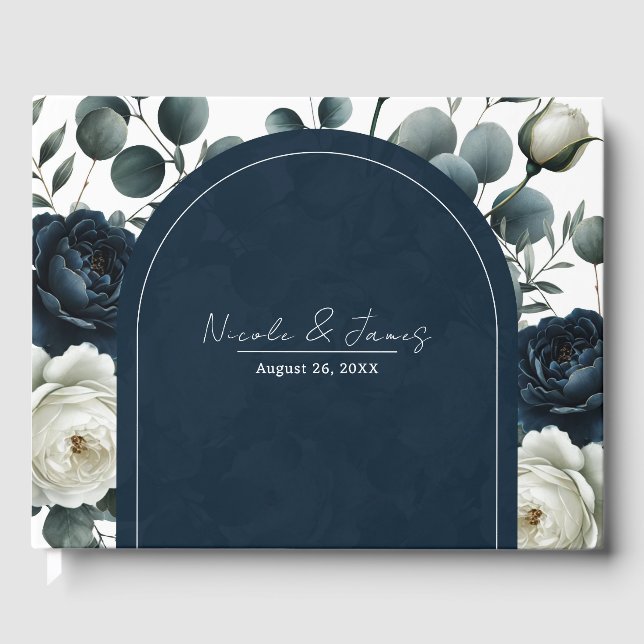 Dunkelblau & weiß Moderne Blumengrün Hochzeit Gästebuch (Vorderseite)