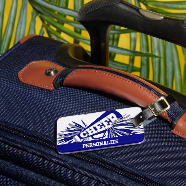 Dunkelblau, weiß und grau Cheerleader Megaphone Gepäckanhänger (Vorderseite Insitu 3)