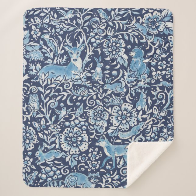 Dunkelblau-weiße Waldtiere Winterkaninchen Sherpadecke (Vorderseite)