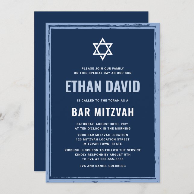 Dunkelblaue Bar mitzvah-Einladung mit rauer Grenze Einladung (Vorne/Hinten)