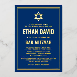 Dunkelblaue Bar mitzvah Stern von David gold oder  Folieneinladung
