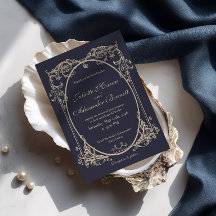 Dunkelblaue barocke Monogramm-Hochzeits-Einladung