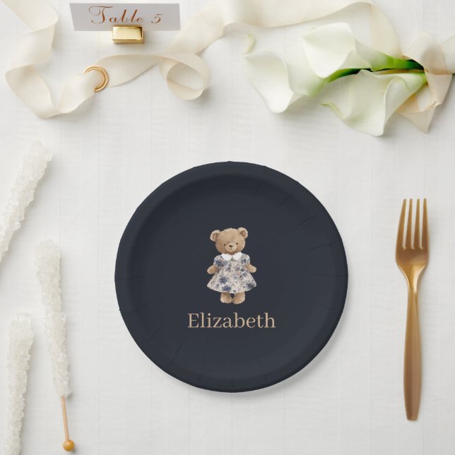 Dunkelblaue benutzerdefinierte Name Teddybär Mädch Pappteller (Hochzeit)