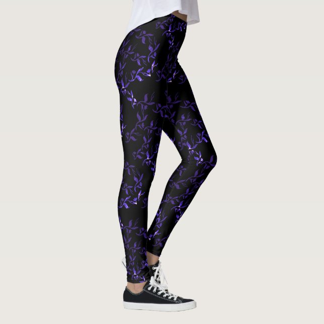 Dunkelblaue Blätter Muster Leggings (Rechts)