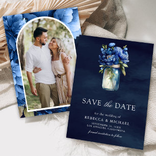 Dunkelblaue Blumen-Mason-Glas-Foto-Hochzeit Save The Date