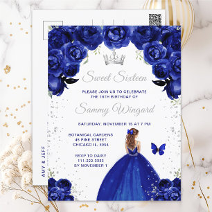 Dunkelblaue braunhaarige Prinzessin Sweet Sixteen Postkarte