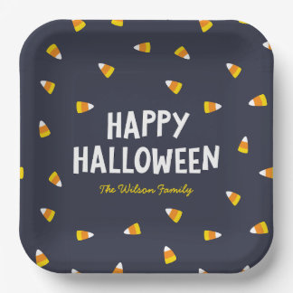 Dunkelblaue Candy Corn Frohes Halloween Pappteller