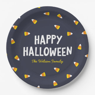 Dunkelblaue Candy Corn Frohes Halloween Pappteller