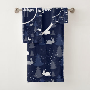 DUNKELBLAUE CHRISTMAS WINTERBÄUME UND BUNNEN BADHANDTUCH SET