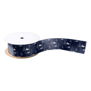 DUNKELBLAUE CHRISTMAS WINTERBÄUME UND BUNNEN SATINBAND