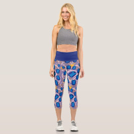 dunkelblaue Edelsteine und Perlmuster Capri Leggings