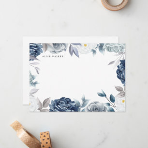 Dunkelblaue, elegante florale Monogramm Mitteilungskarte