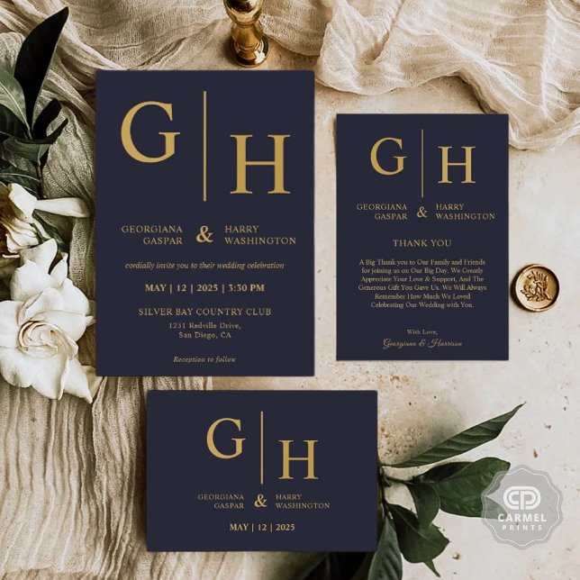 Dunkelblaue Farbe und Schlichte Hochzeit in Gold Einladung (Dark Navy Blue Color And Gold Plain Wedding Invitation)