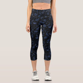 Dunkelblaue florale botanische Muster elegante Nat Capri Leggings