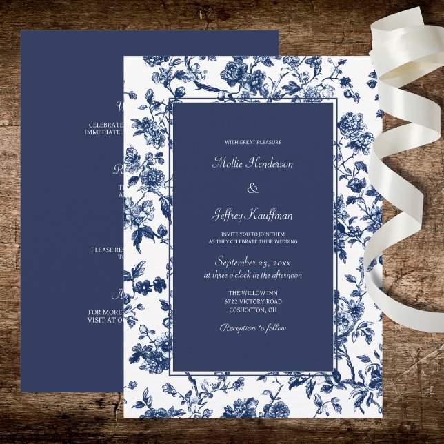 Dunkelblaue Florale Hochzeit  Einladung (Von Creator hochgeladen)