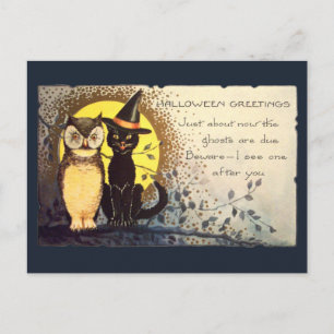 Dunkelblaue freundliche Katze und Eule Vintage Hal Postkarte