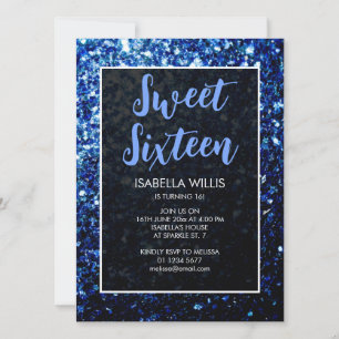 Dunkelblaue Glitzern Sweet 16 elegante Schrift Einladung