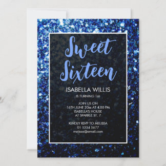 Dunkelblaue Glitzern Sweet 16 elegante Schrift Einladung