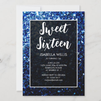 Dunkelblaue Glitzern Sweet 16 elegante Schrift Einladung