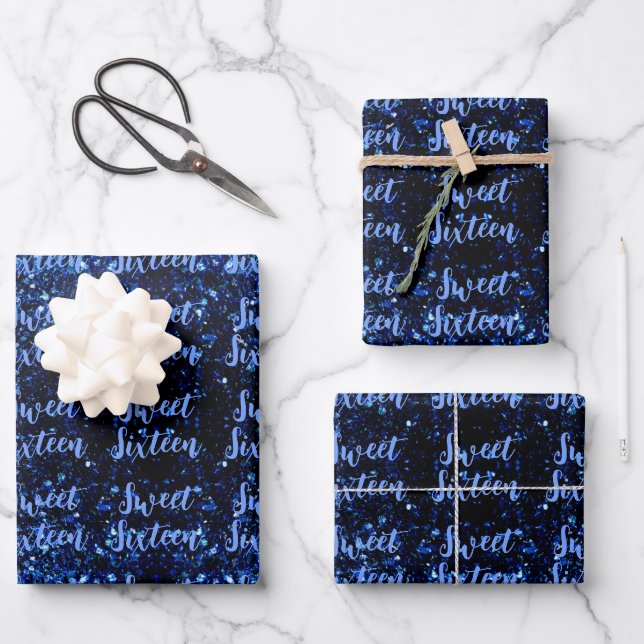Dunkelblaue Glitzern Sweet 16 elegantes Skriptmust Geschenkpapier Set (Vorderseite)