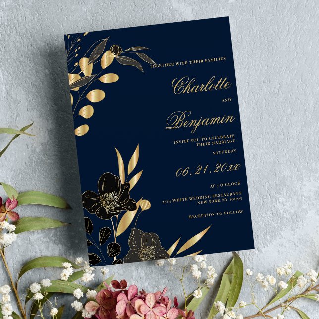 Dunkelblaue goldene, elegante Blütenhochzeit Einladung (Navy blue gold black elegant floral wedding )