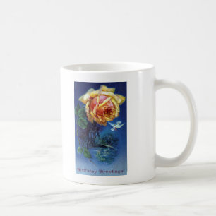 Dunkelblaue Hintergrund-Rose-und-Taube-Postkarte Tasse
