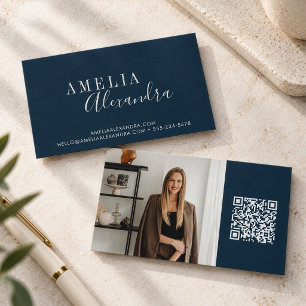 Dunkelblaue Innenarchitekten-Foto-QR-Code-Branding Visitenkarte