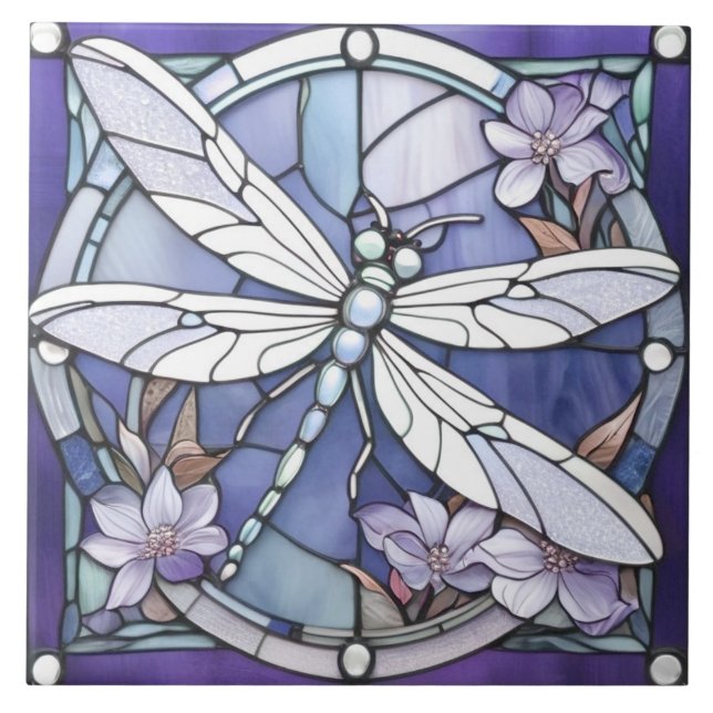 Dunkelblaue Libellen-Buntglas-Blume Fliese (Vorderseite)
