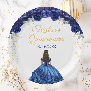 Dunkelblaue Prinzessin Floral Quinceañera Pappteller