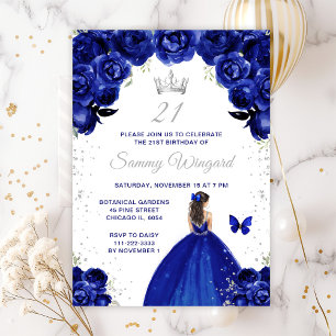 Dunkelblaue Prinzessin mit braunem Haar Geburtstag Einladung