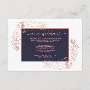 Dunkelblaue Rose Gold Floral Hochzeitsinformatione Begleitkarte