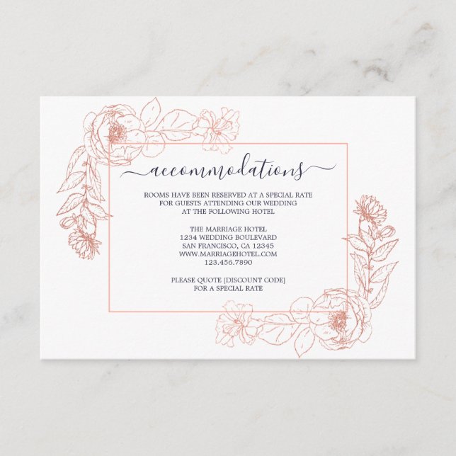 Dunkelblaue Rose Gold Floral Hochzeitsinformatione Begleitkarte (Vorderseite)