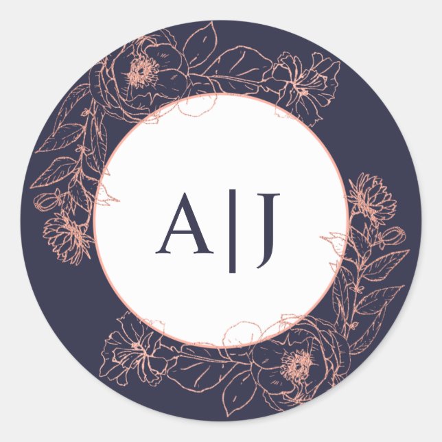 Dunkelblaue Rose Gold Floral Wedding Monogram Runder Aufkleber (Vorderseite)