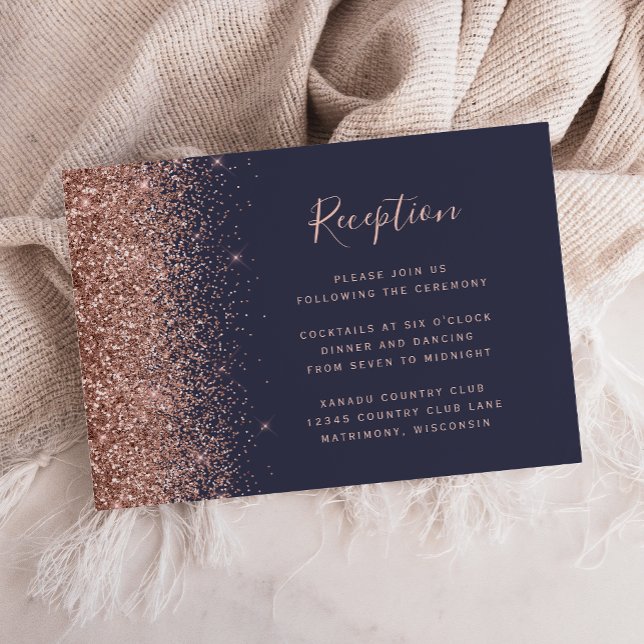 Dunkelblaue Rose Gold Glitzer Edge Hochzeitsempfan Begleitkarte (Von Creator hochgeladen)