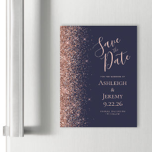 Dunkelblaue Roségold Glitter Hochzeitseinladung Magnetkarte