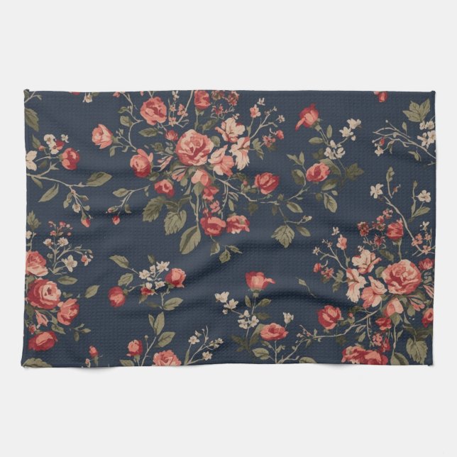 Dunkelblaue Rot-Sage-Cottage-Blumen Geschirrtuch (Horizontal)