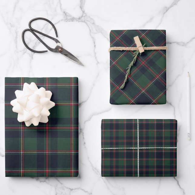Dunkelblaue, rote, grüne karierte Geschenkpapier Set (Vorderseite)