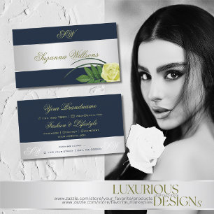 Dunkelblaue Silber Dekor Rose Blume mit Initialen Visitenkarte