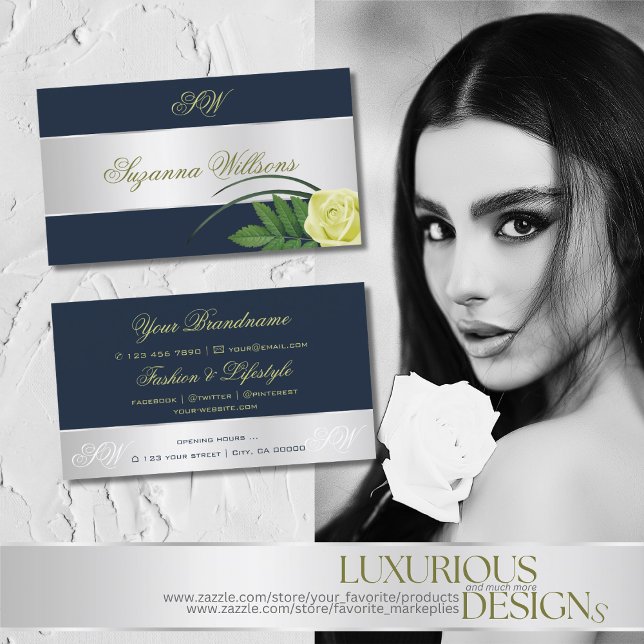 Dunkelblaue Silber Dekor Rose Blume mit Initialen Visitenkarte (Von Creator hochgeladen)