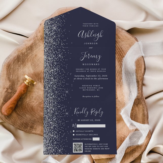 Dunkelblaue Silber-Glitter-QR-Code-Hochzeit All In One Einladung (Von Creator hochgeladen)