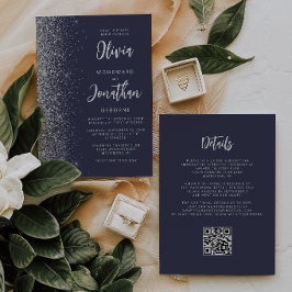 Dunkelblaue Silber-Glitter-QR-Code-Hochzeit Einladung