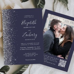 Dunkelblaue Silber-Glitzer-Foto QR-Code Hochzeit Einladung