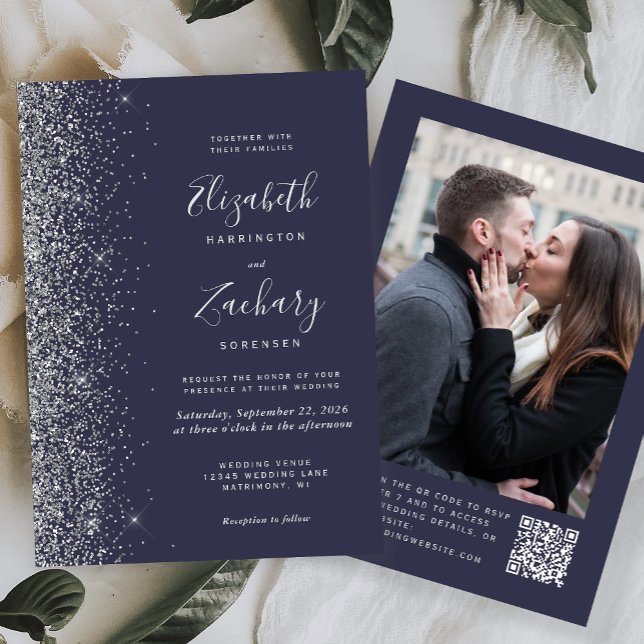 Dunkelblaue Silber-Glitzer-Foto QR-Code Hochzeit Einladung (Von Creator hochgeladen)