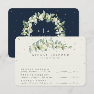Dunkelblaue Snowberry + Eucalyptus Hochzeits- Mehr RSVP Karte
