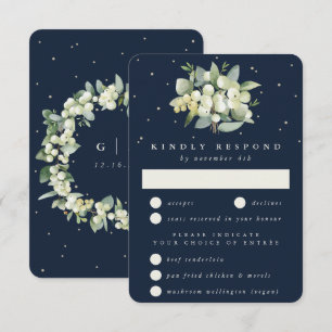 Dunkelblaue Snowberry+Eukalyptus Bouquet Hochzeit RSVP Karte