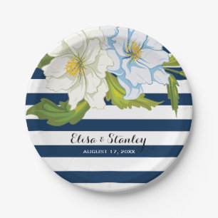 Dunkelblaue Streifen & Blume Moderne Blumenhochzei Pappteller